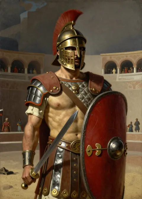 A murmillo in a crested bronze helmet, holding a short sword and a tall red shield in the arena